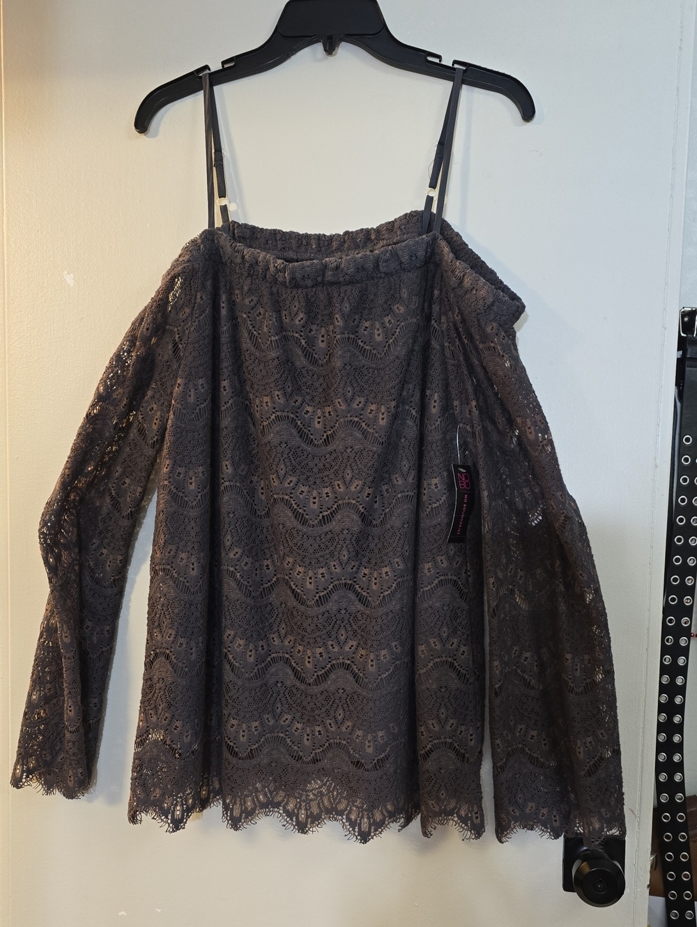 Off-Shoulder Lace Blouse in Charcoal Gray - Women